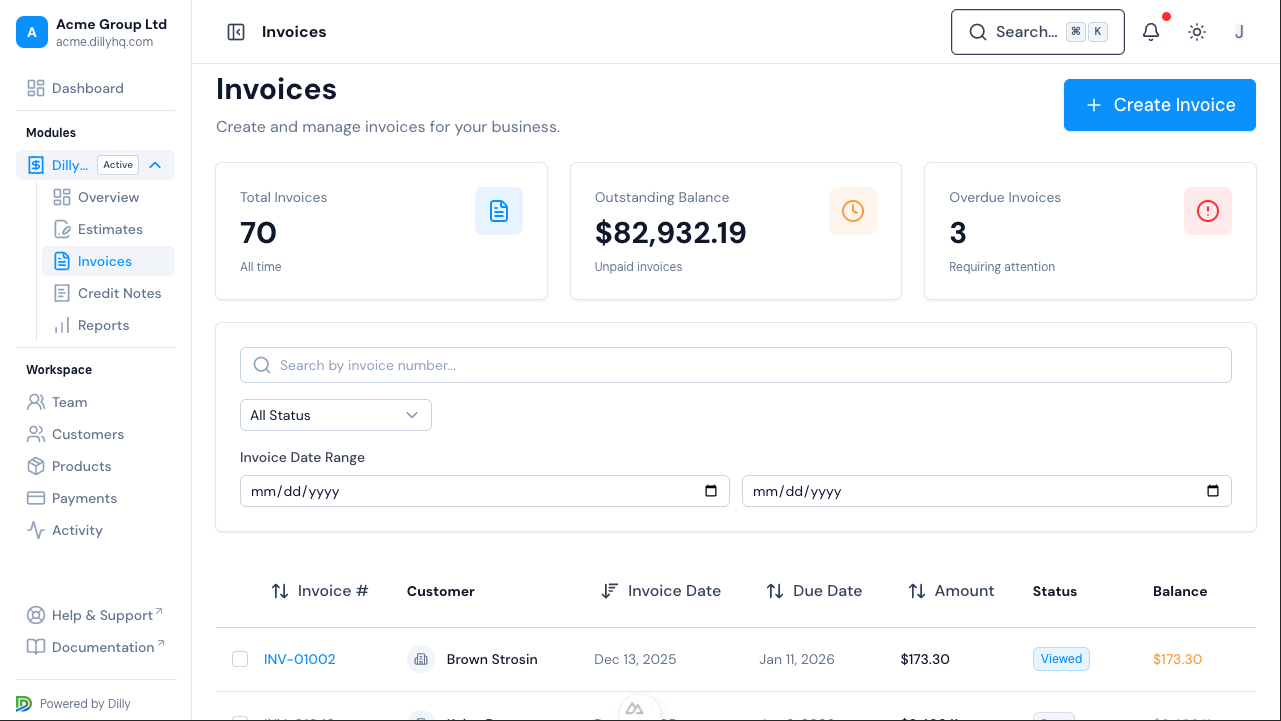 Professional invoice creation interface showing customizable templates and branding options