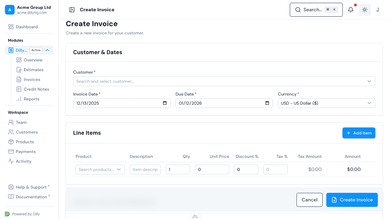 Invoice creation form showing line items, customer selection, and professional template preview